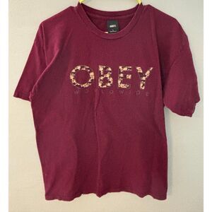 Obey Worldwide Floral Logo Tee – Men's Size L Burgundy Streetwear Graphic Shirt